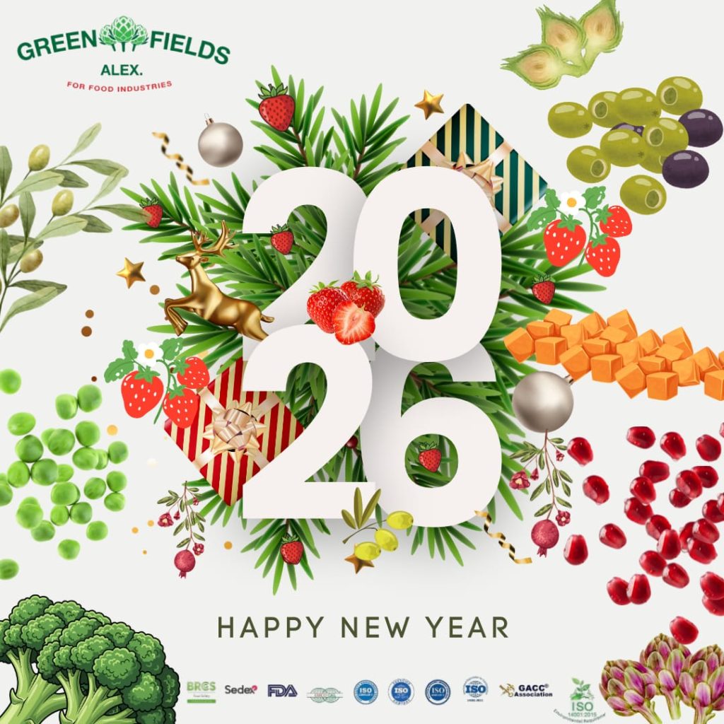 Green Fields 2026 Happy New Year graphic with assorted fruits and vegetables.